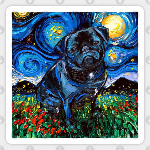 Black Pug Night Sticker by sagittariusgallery